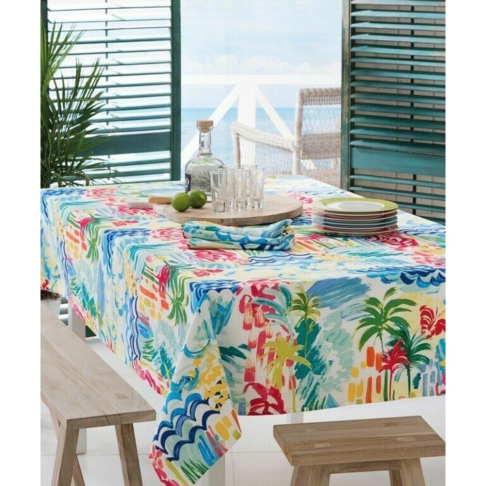 Echo Havana Fabric Tablecloth 70" Round Indoor Outdoor Tropical Floral Watercolo